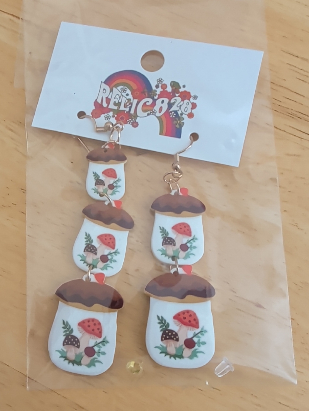 Relic828 Mushroom Jar Dangle Earrings - White, Brown, Red, Green